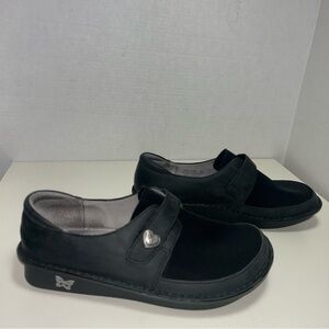 Alegria Brenna Black Oil Rubbed Leather Neoprene Hook & Loop Comfort Loafer